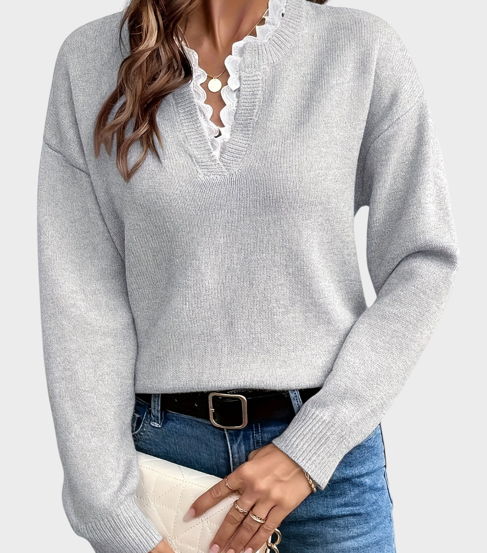 Yasmine | Πουλόβερ με Λεπτομέρεια Δαντέλας και Ανοιχτό Λαιμό