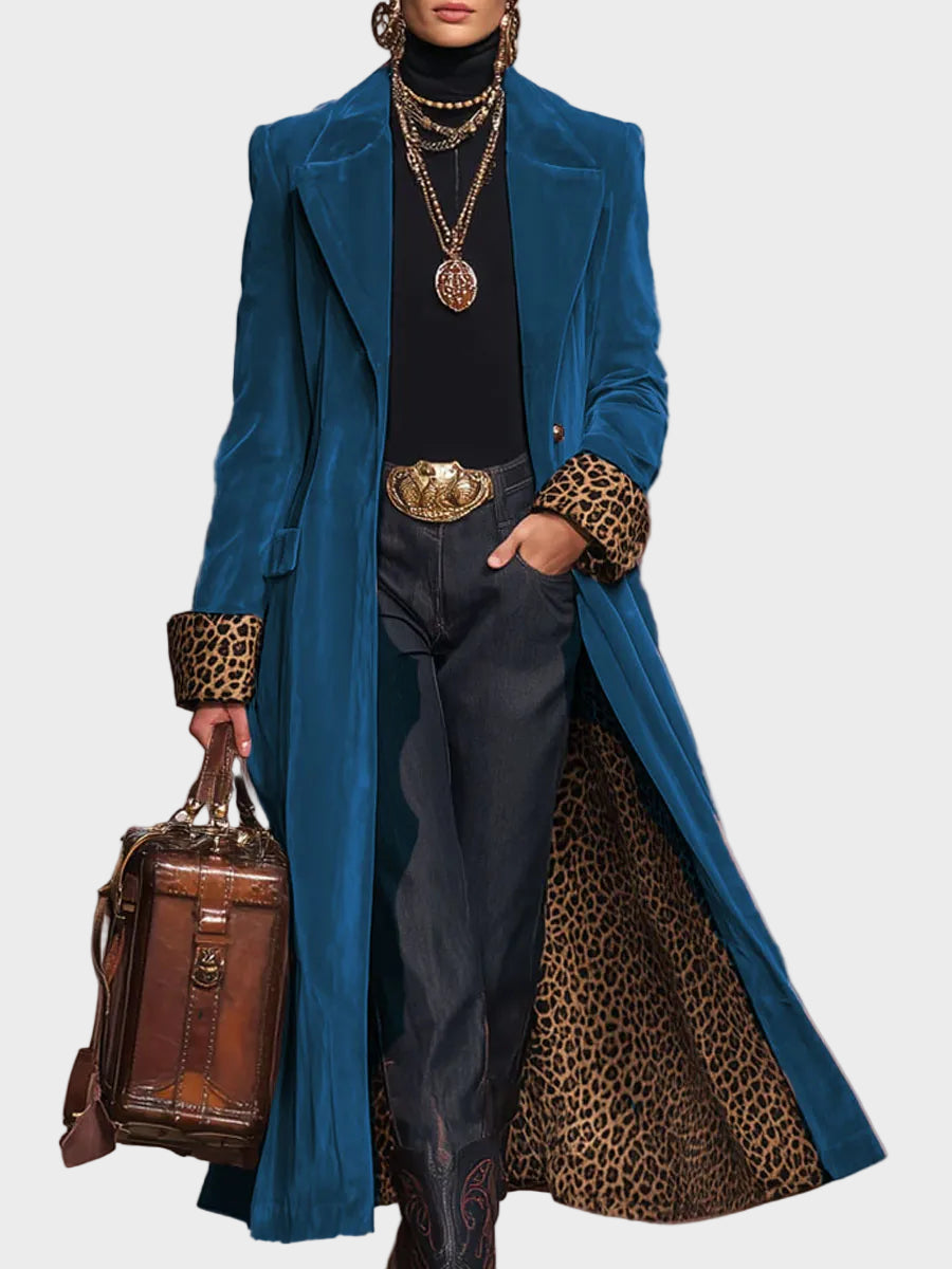 Sonia | Βελούδινο Παλτό με Πέτο, Μονόπετο, και Λεοπάρ Μοτίβο