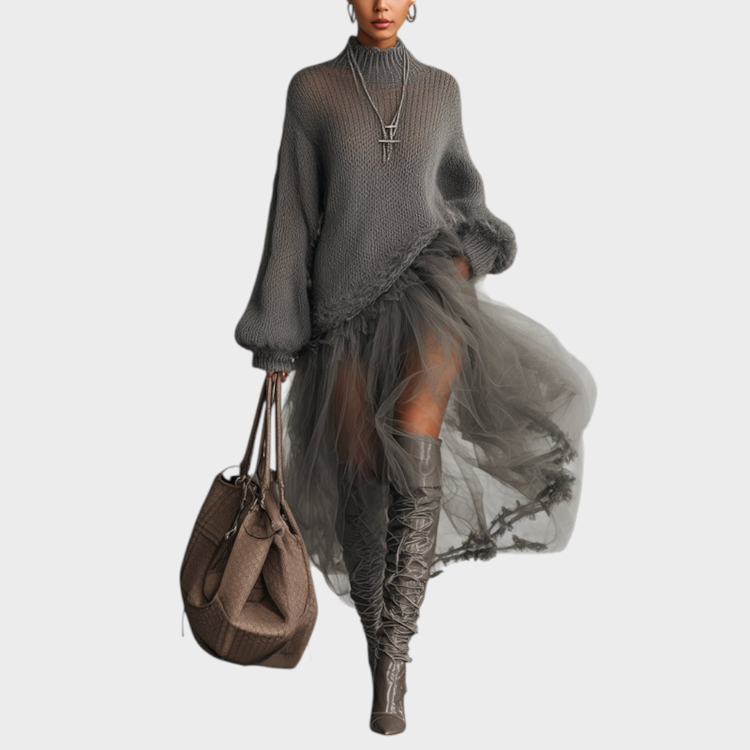 Susette | Γκρι Μοχέρ Και Τούλι Πάνελ Maxi Φόρεμα