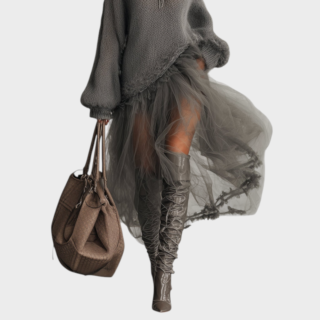 Susette | Γκρι Μοχέρ Και Τούλι Πάνελ Maxi Φόρεμα