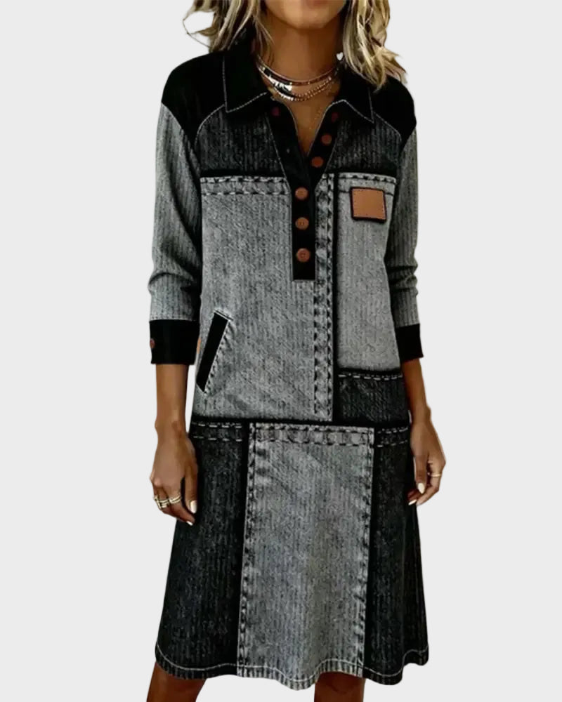 Tara | Φόρεμα με Κουμπιά, V Λαιμόκοψη και Color Block, Μοντέρνο