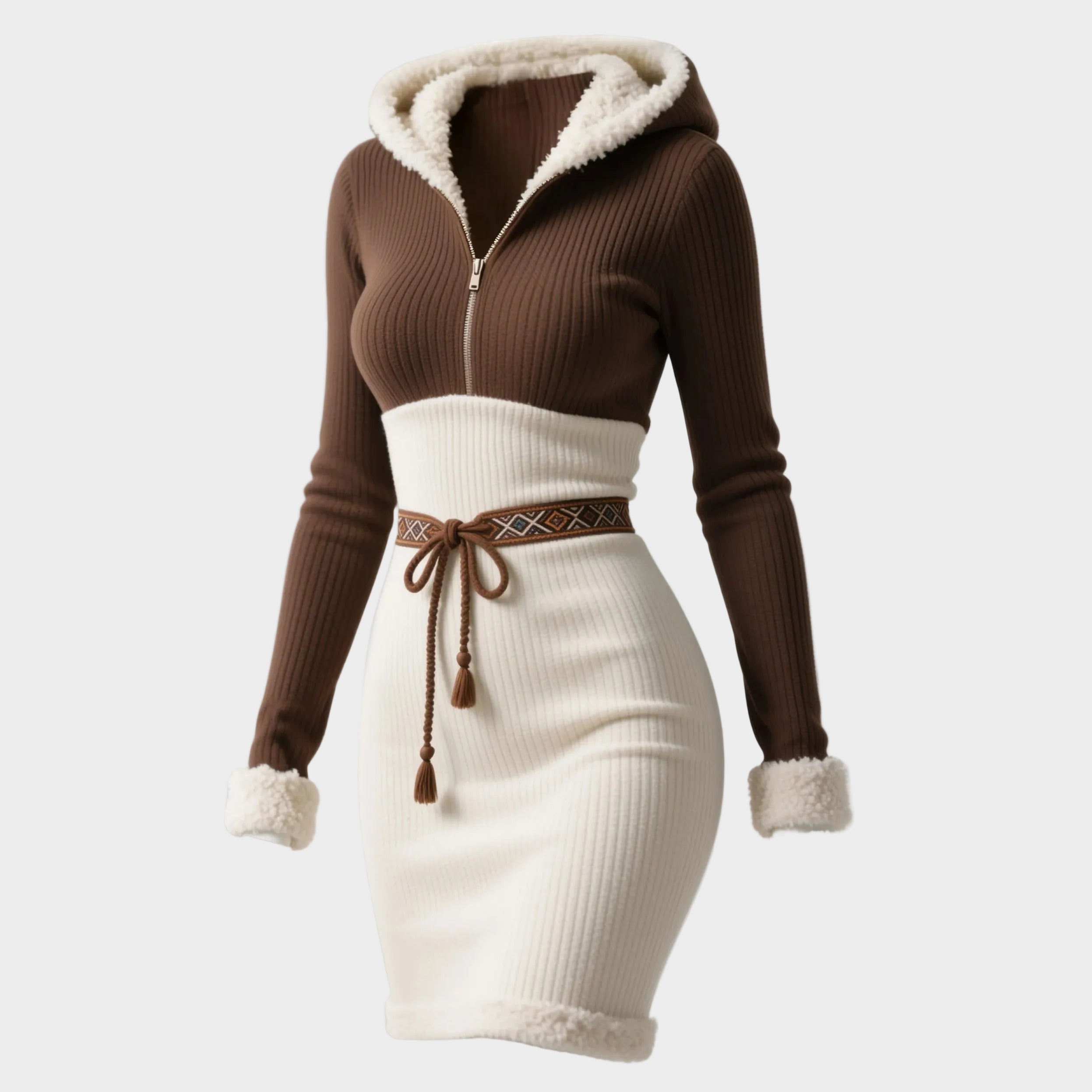 Γυναικείο ΡετρόRevel | Slim Fit Φόρεμα με Κουκούλα, Μισό Φερμουάρ, Κάθετες Ρίγες και Ethnic Color Block Σχέδιο