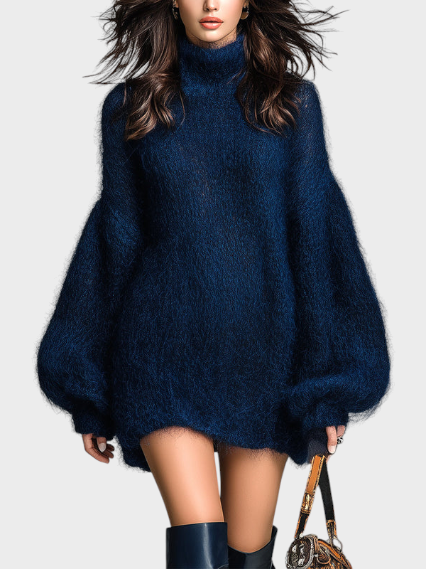 Franziska | Κομψό, κομψό, ναυτικό μπλε, με ψηλό γιακά, oversized, μακριά μανίκια, μίνι φόρεμα από πλεκτό μοχέρ