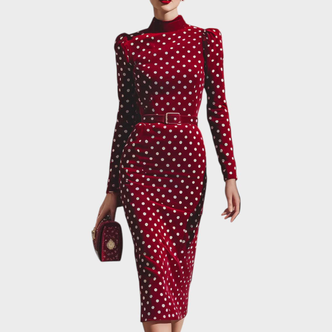 Krishna | Φόρεμα Midi από Βελούδο με Κόκκινες Πουά Λεπτομέρειες Εμπνευσμένο από το Vintage