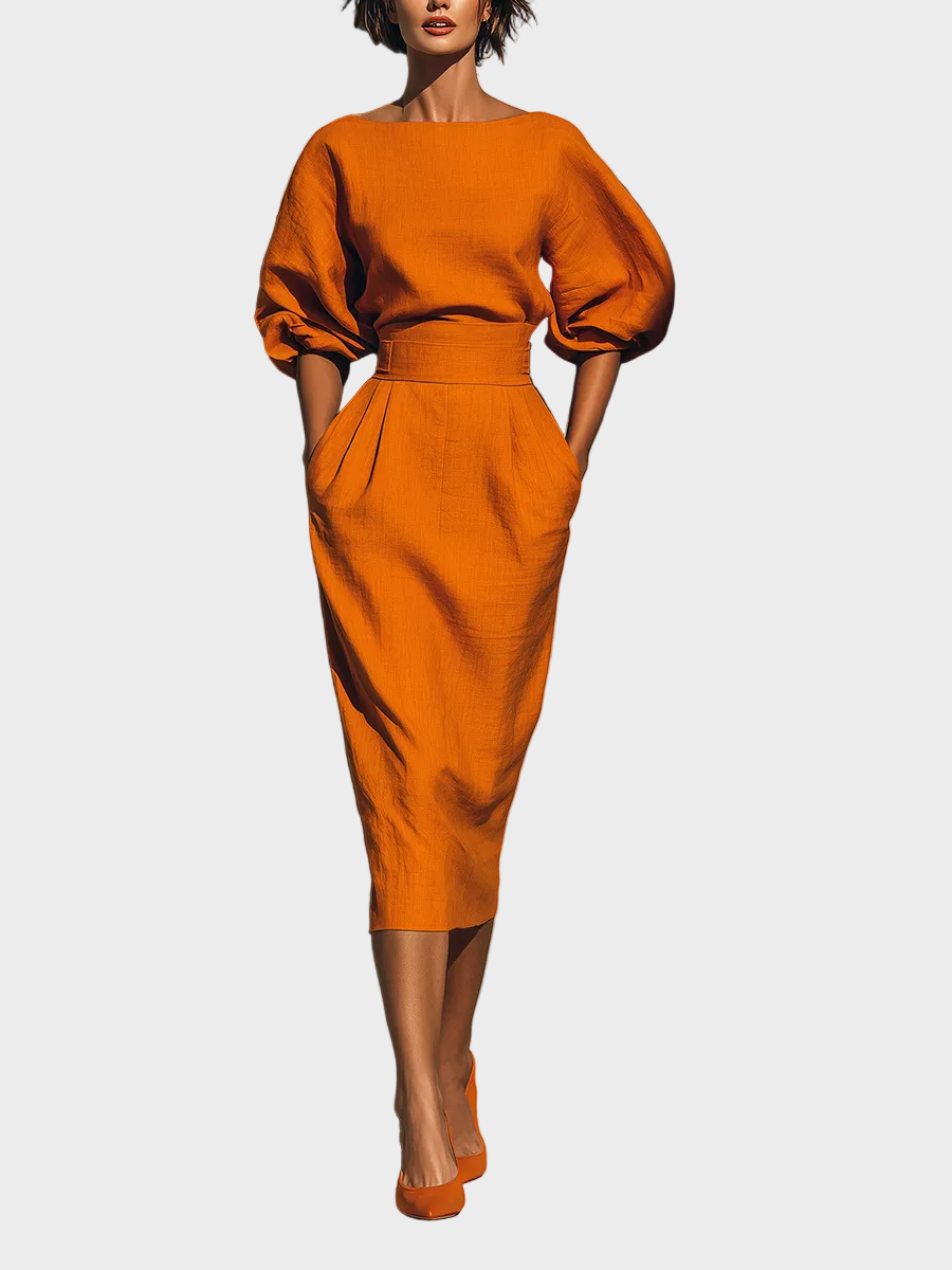 Bianca| Γυναικείο Σετ με Πορτοκαλί Μπλούζα με Μανίκι Μισό και Μίντι Φούστα