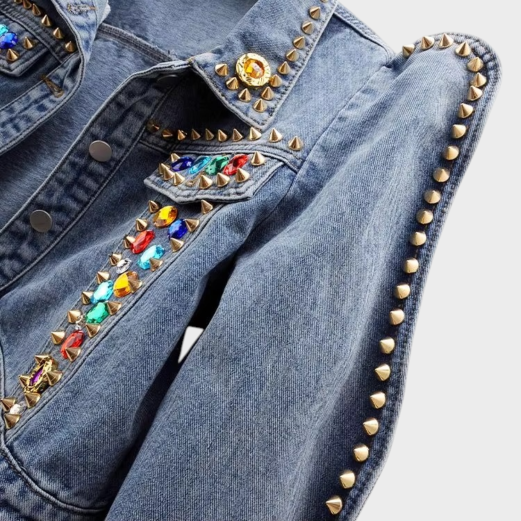 Alison | Κοντό Τζιν Μπουφάν με 3D Λεπτομέρειες από Πέτρες