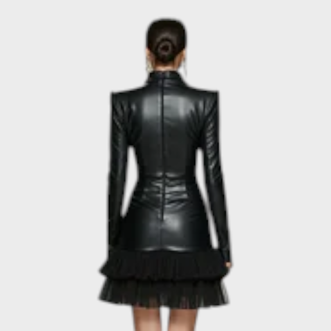 Pixie | Women's Fashion Black PU Leather Mock Neck Tulle Hem Long Sleeve Mini Dress