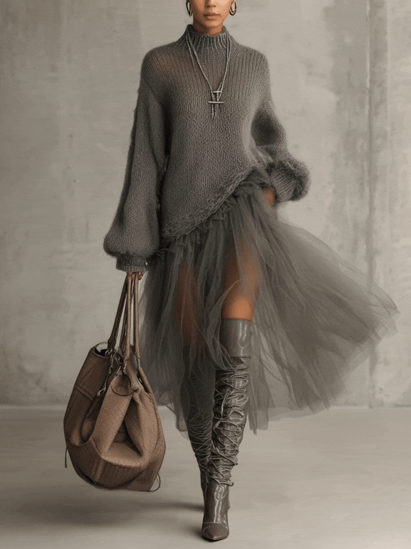 Cassie| Μάξι Φόρεμα από Γκρι Μοχέρ με Τούλινα Τμήματα