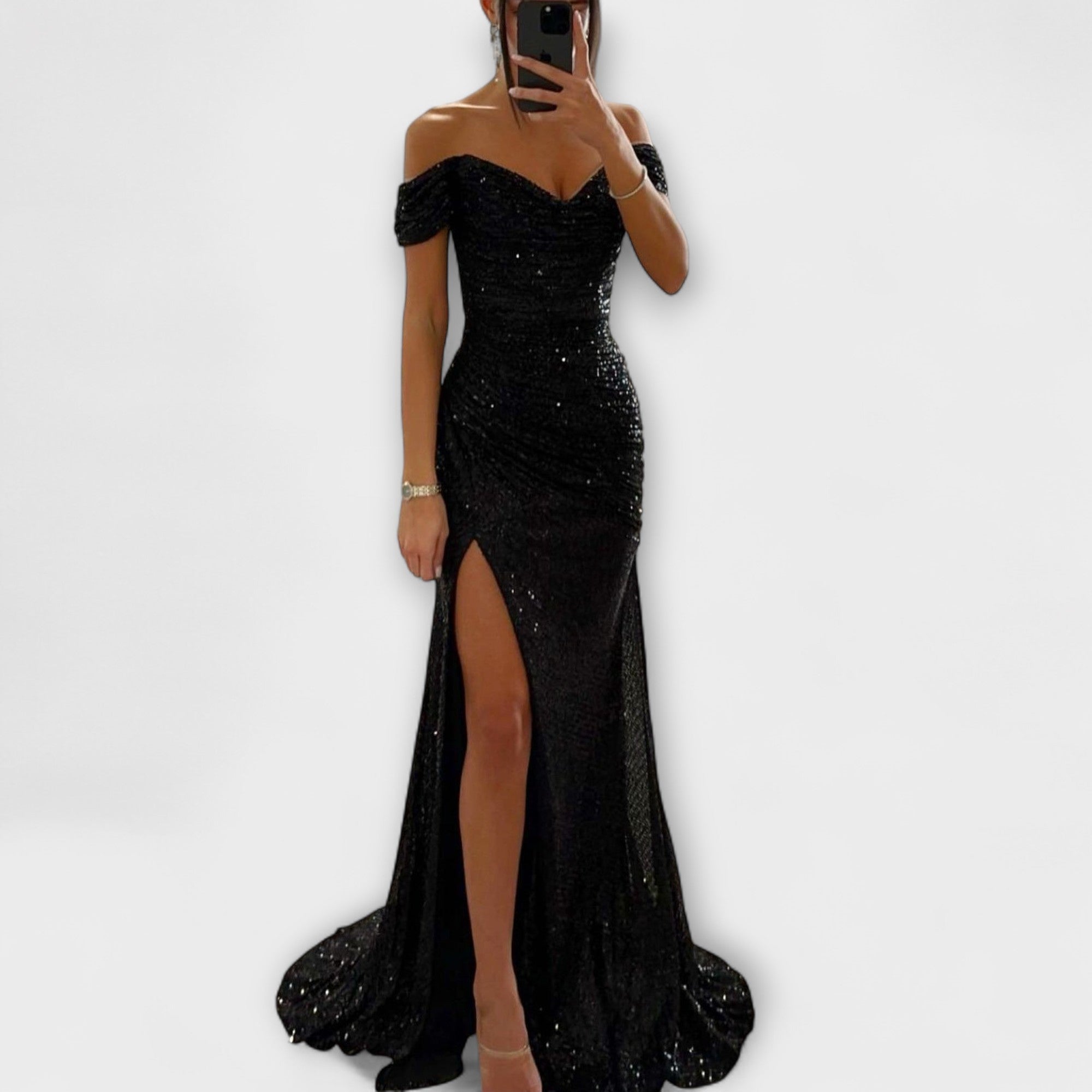 Καλοκαιρινό Βραδινό Φόρεμα — Στράπλες Μάξι με Glitter και Σκίσιμο για Γάμους &amp; Πάρτι