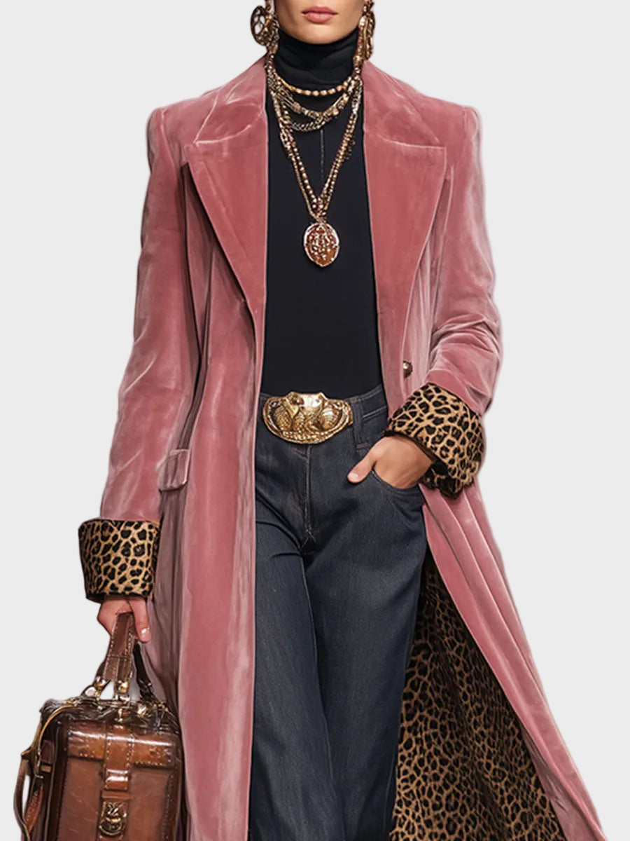 Sonia | Βελούδινο Παλτό με Πέτο, Μονόπετο, και Λεοπάρ Μοτίβο