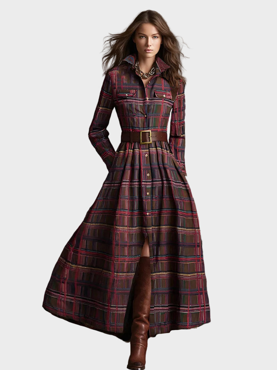 Skyler | Ρετρό Έθνικ Μάξι Φόρεμα με Πέτο σε Κοκκινωπό Καφέ Καρό