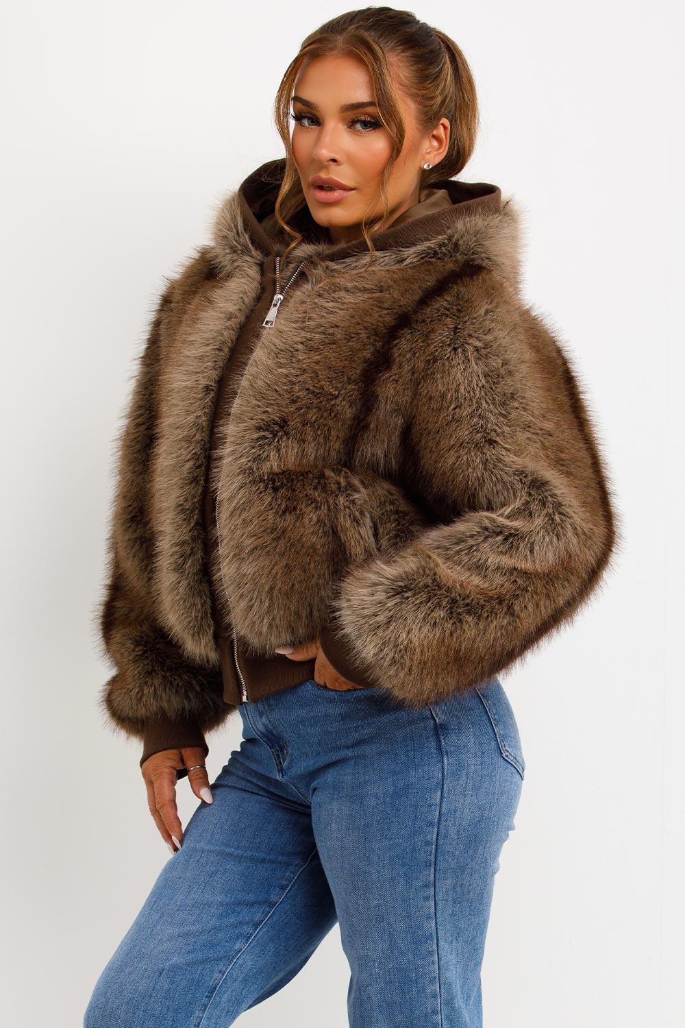 Fur Coat With Hood Brown