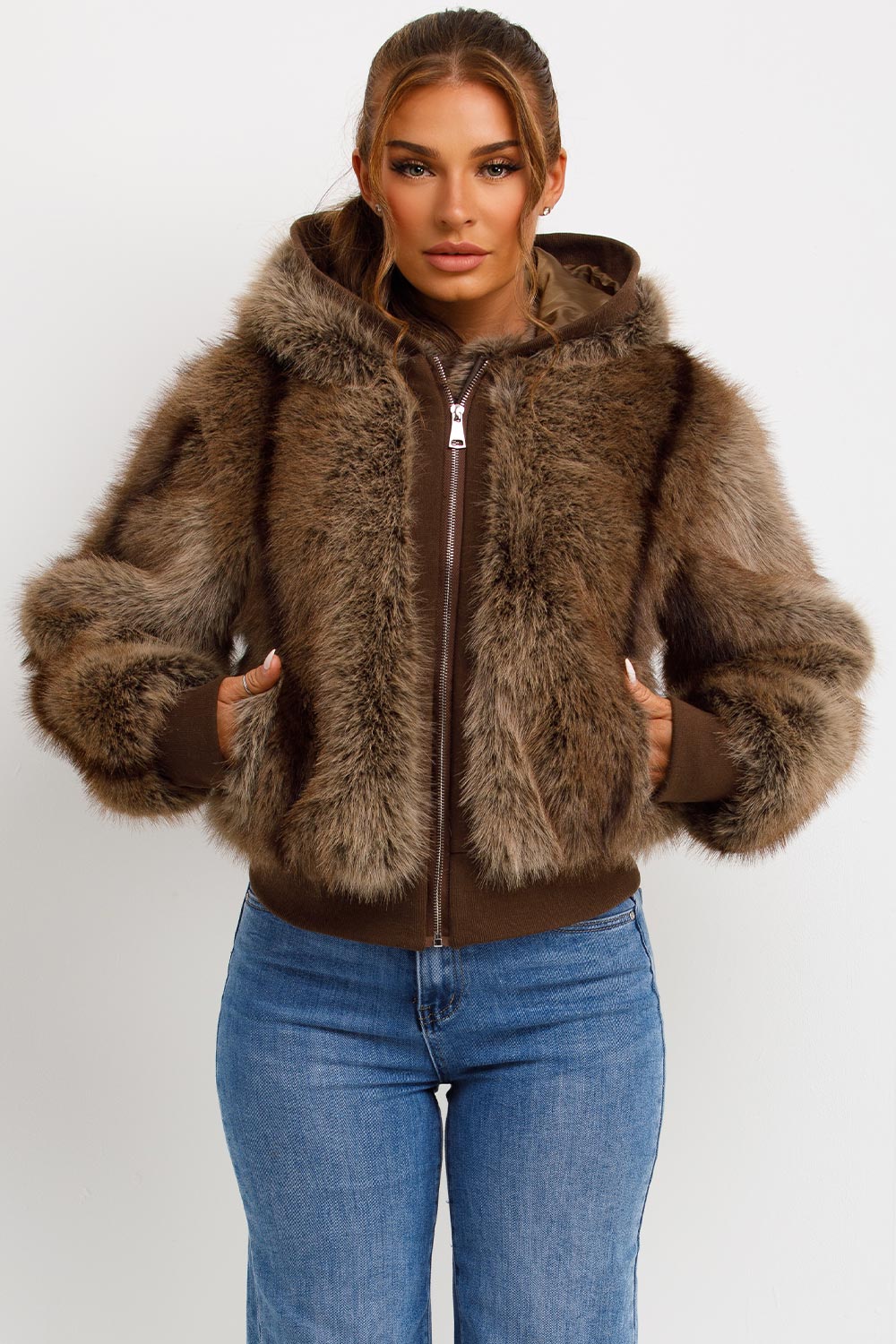 Fur Coat With Hood Brown