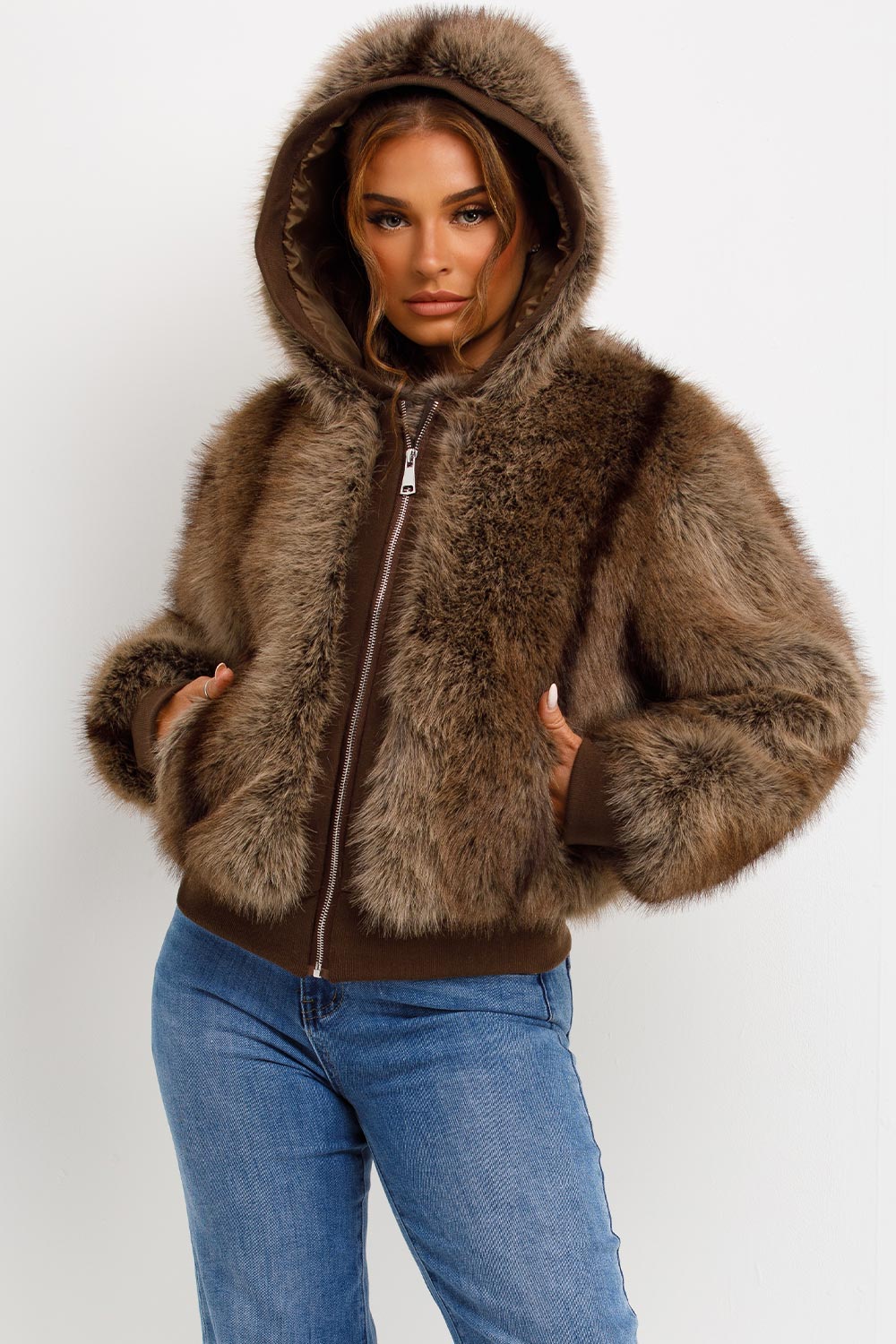 Fur Coat With Hood Brown