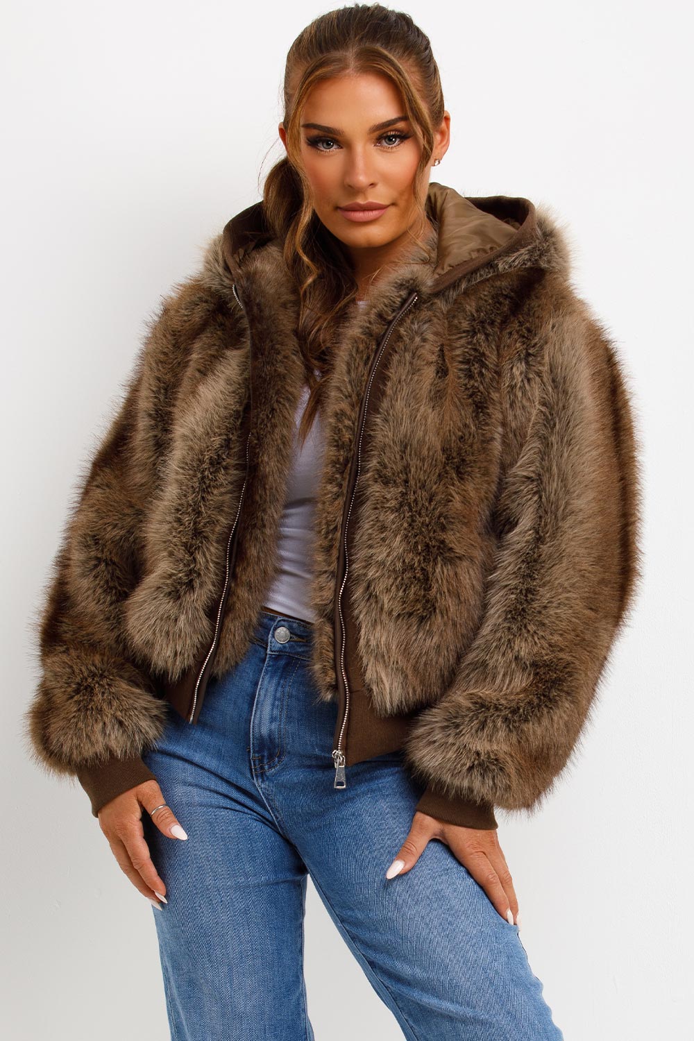 Fur Coat With Hood Brown