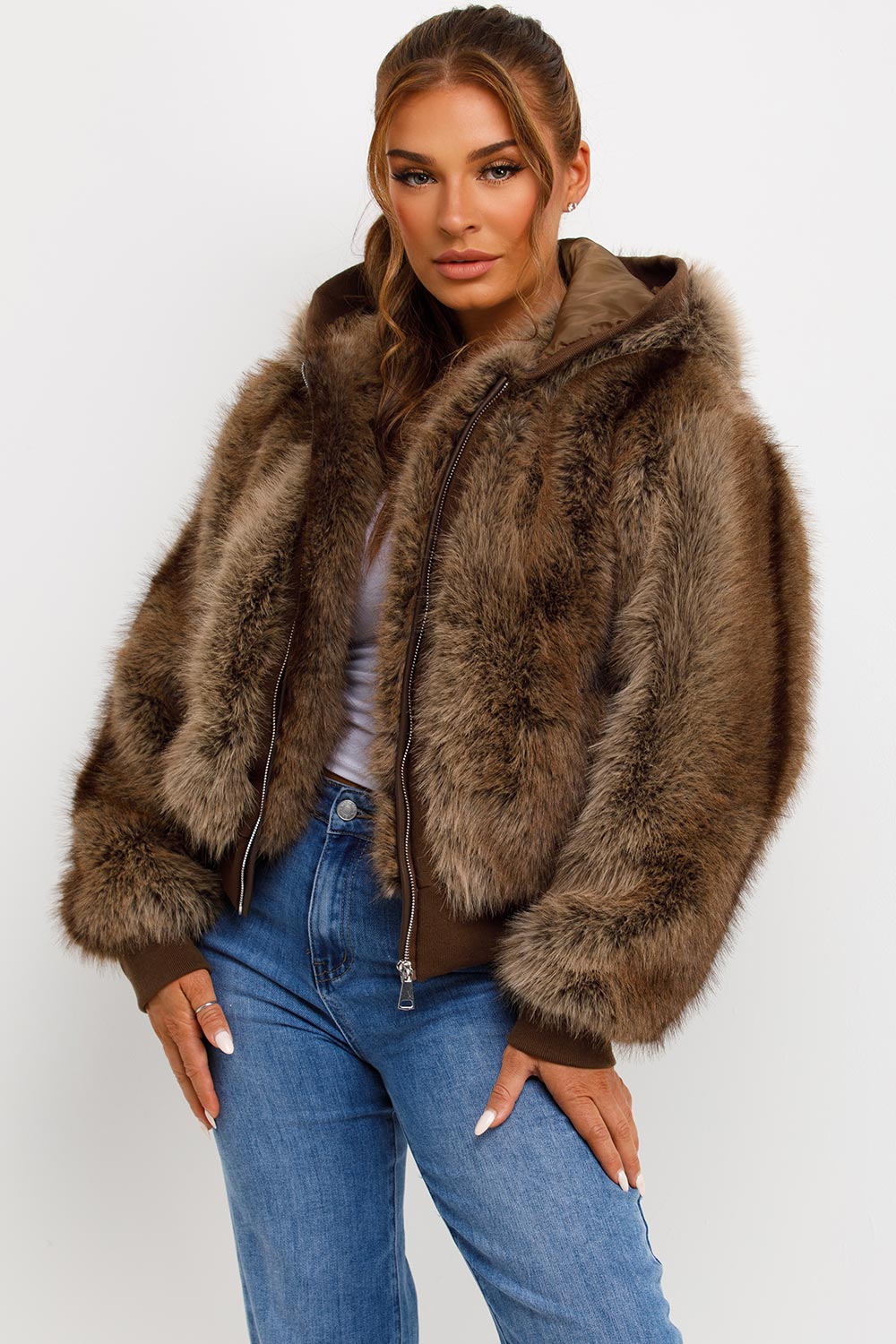 Fur Coat With Hood Brown