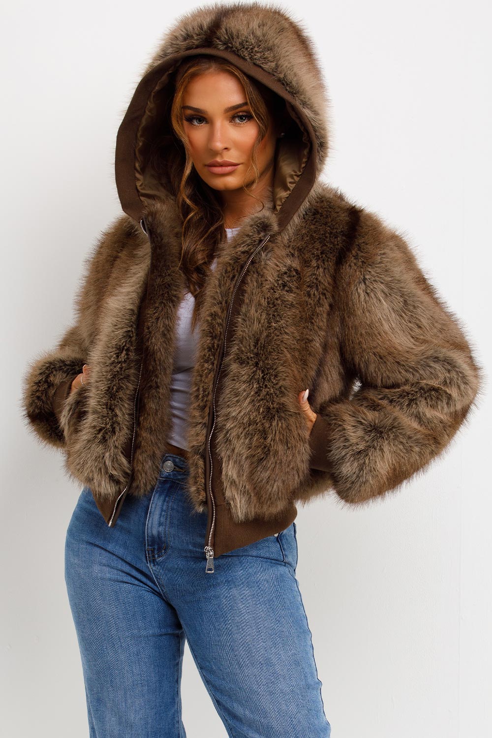 Fur Coat With Hood Brown