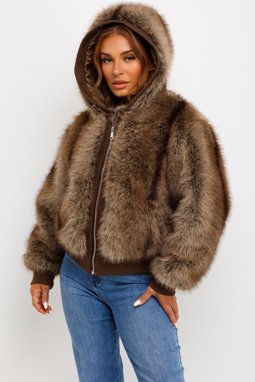 Fur Coat With Hood Brown