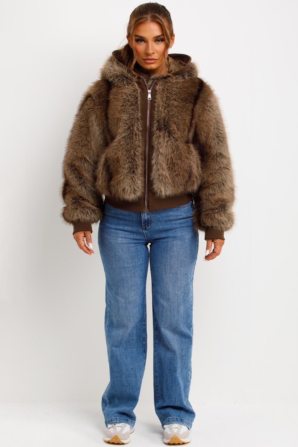 Fur Coat With Hood Brown