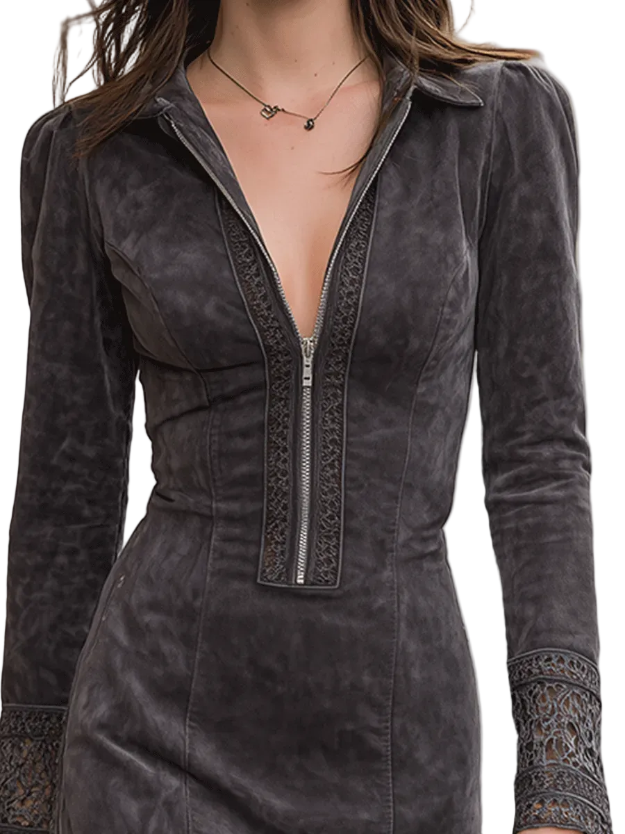 Sally - Μίνι Καστόρινο Φόρεμα με Φερμουάρ Μπροστά (Suede Zip Front Mini Dress)