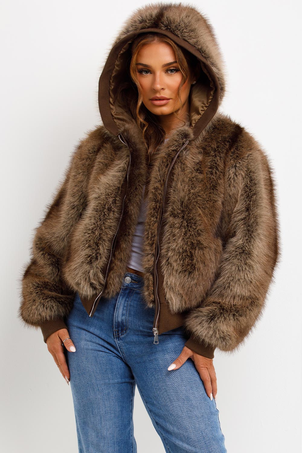 Fur Coat With Hood Brown