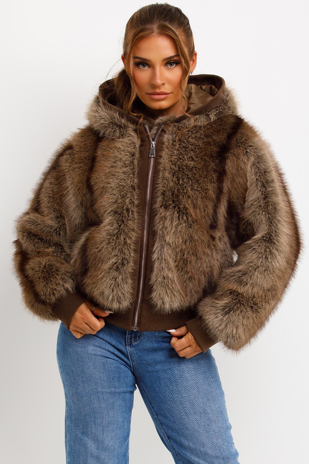 Fur Coat With Hood Brown