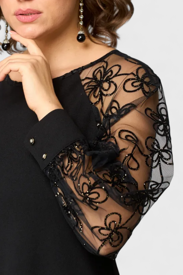 Bellezza Δαντελένιο Φόρεμα με Μακριά Μανίκια και Στρογγυλή Λαιμόκοψη