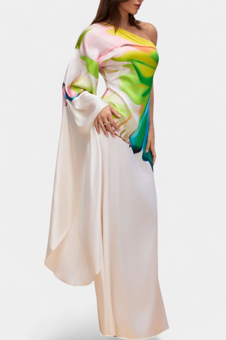 Beryl Άσύμμετρο Μονομανικό Φόρεμα με Στάμπα