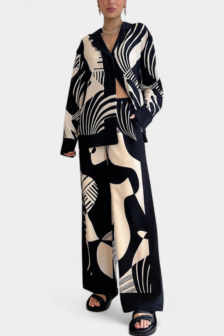 Basilisa Set με Φαρδύ Παντελόνι και Γκραφίτι Στάμπα