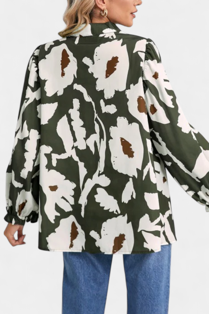 Filomena Μπλούζα με Μισό Κουμπιά, Φουσκωτά Μανίκια και Αφηρημένο Φλοράλ Σχέδιο