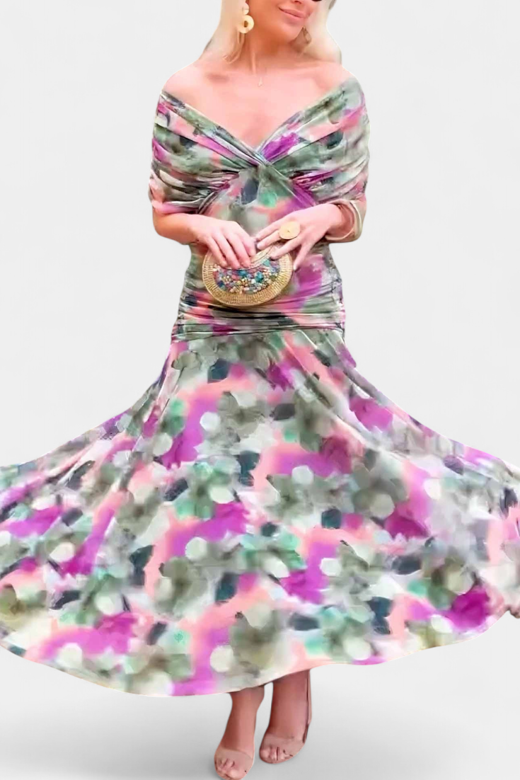 Alondra Μακρύ Φόρεμα με Φλοράλ Φανταχτερό Σχέδιο και Ντεκολτέ