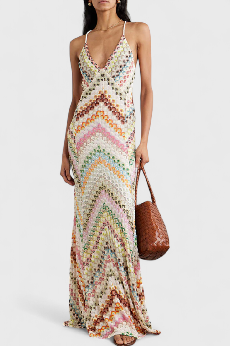 Agustina Μακρύ νταντελένιο φόρεμα με ντεκολτέ σε V και ζιγκ-ζαγκ μοτίβο