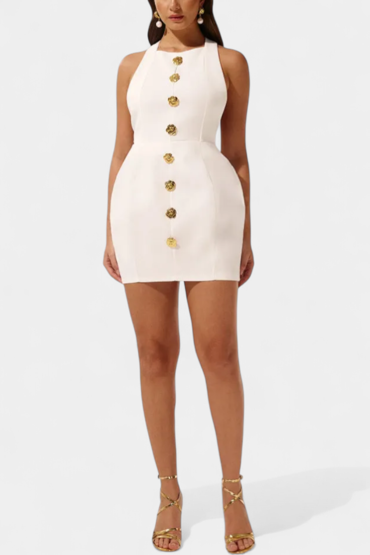 Υβόννη Μίνι Φόρεμα με Δετό Λαιμό, Ανοιχτή Πλάτη και Λουλουδάτη Λεπτομέρεια