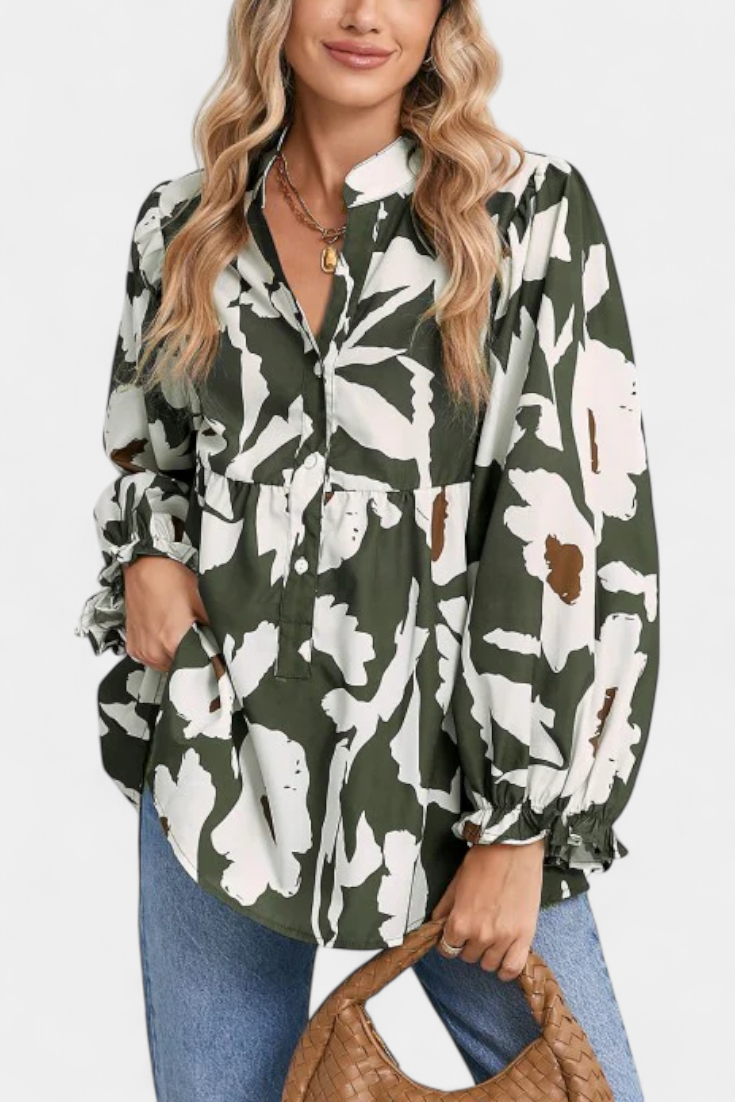 Filomena Μπλούζα με Μισό Κουμπιά, Φουσκωτά Μανίκια και Αφηρημένο Φλοράλ Σχέδιο