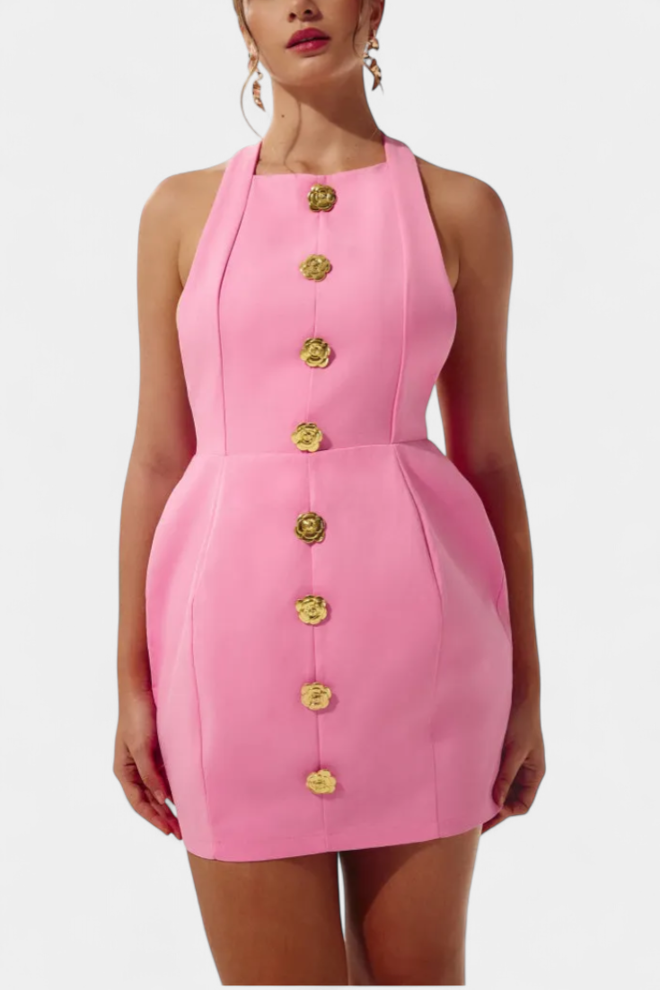 Υβόννη Μίνι Φόρεμα με Δετό Λαιμό, Ανοιχτή Πλάτη και Λουλουδάτη Λεπτομέρεια