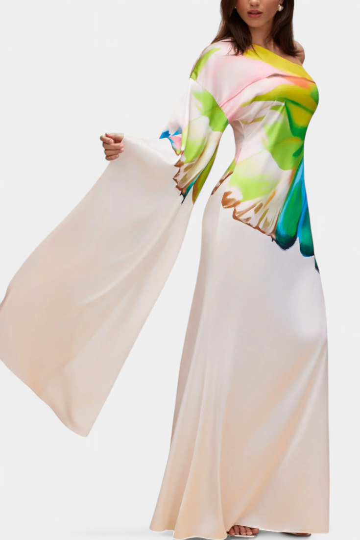 Beryl Άσύμμετρο Μονομανικό Φόρεμα με Στάμπα