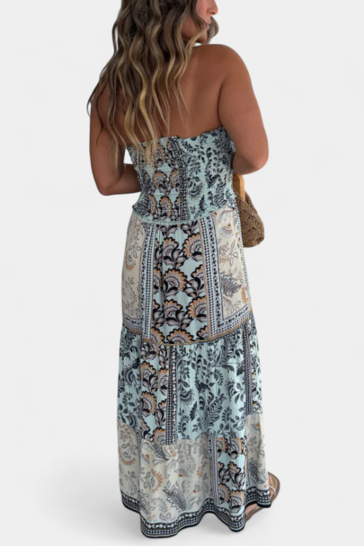 Edurne Μακρύ εμπριμέ φόρεμα με στράπλες λαιμόκοψη