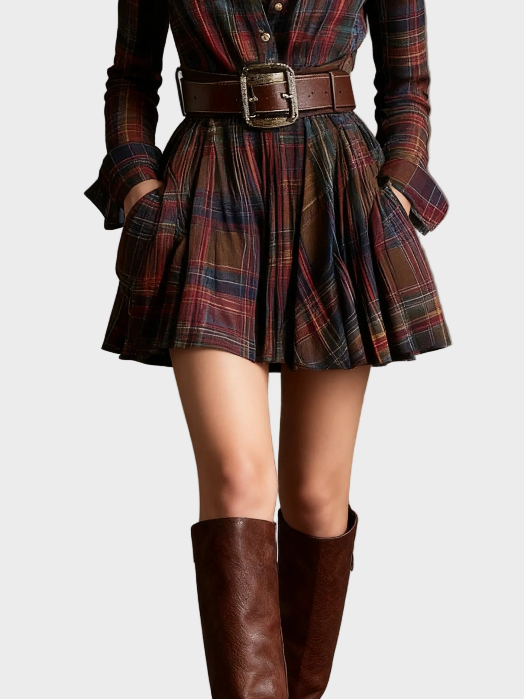 Beck| Vintage Μίνι Φόρεμα με Πέτο και Κόκκινο-Καφέ Καρό Σχέδιο