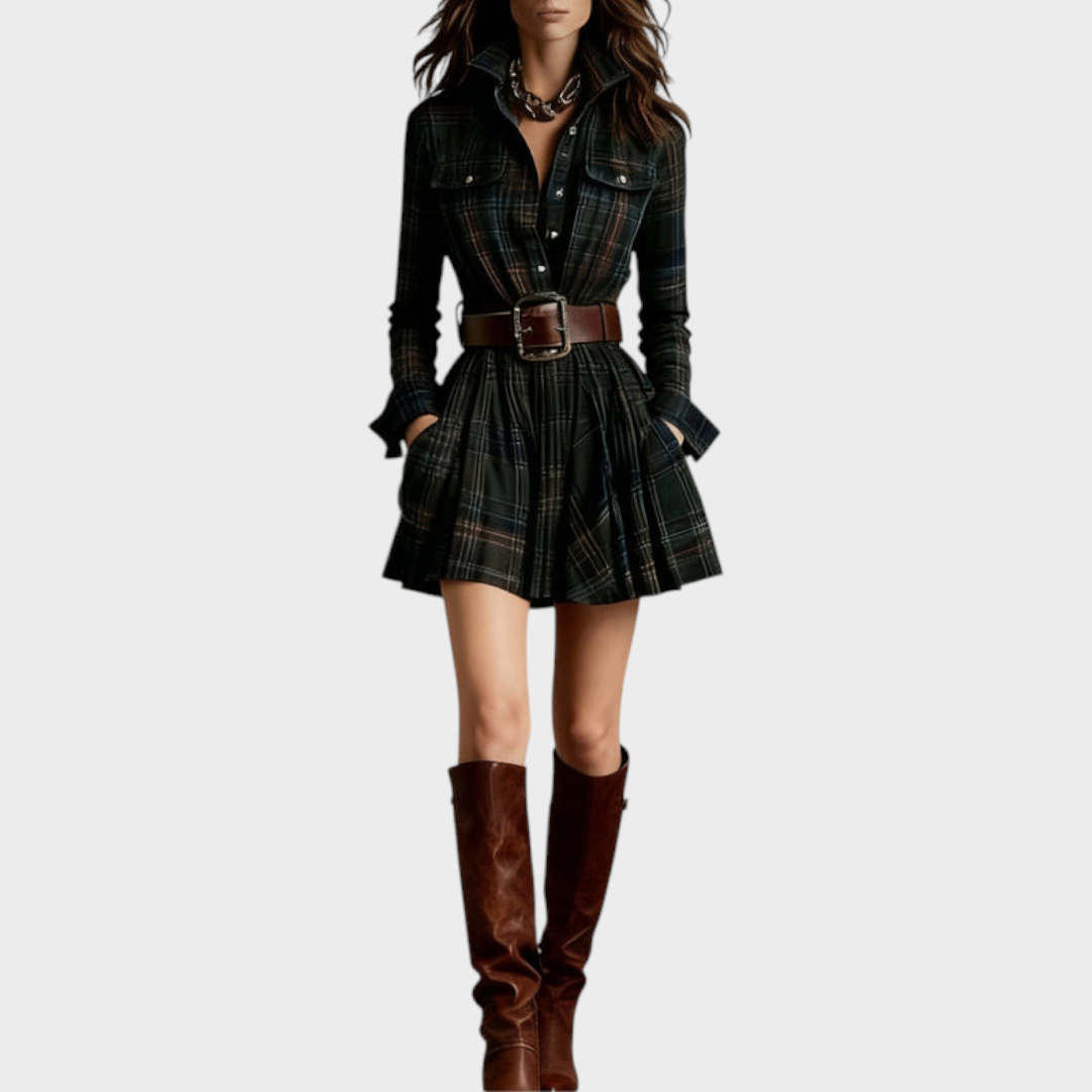 Brenna | Vintage Μίνι Φόρεμα με Γιακά σε Κόκκινο και Καφέ Καρό (Συμπεριλαμβάνει ζώνη)