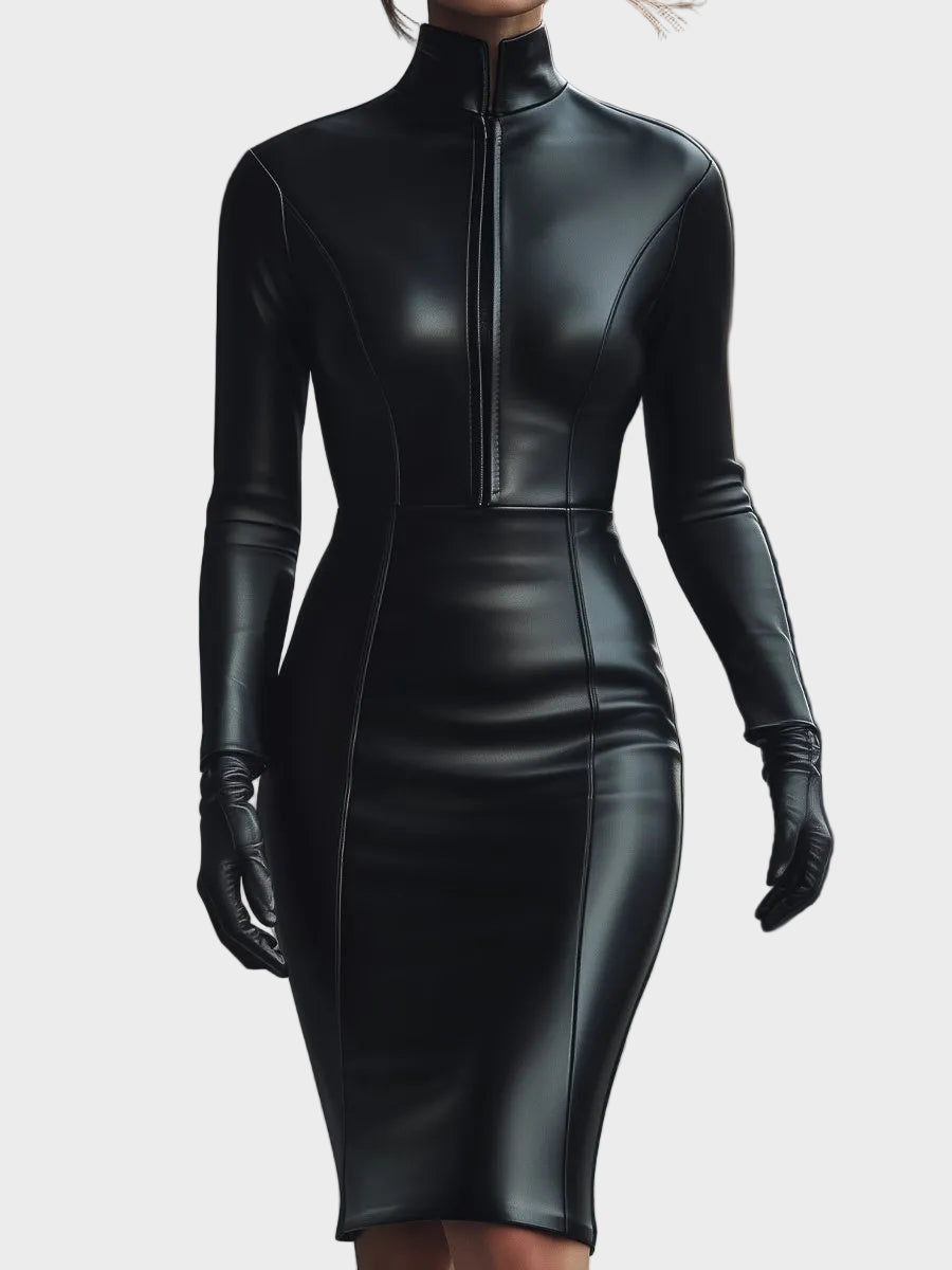 Lovely | Κομψό Μαύρο Δερμάτινο (Faux) Φόρεμα με Φερμουάρ