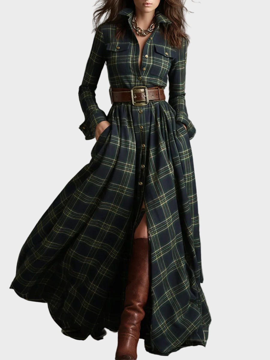 Skyler | Ρετρό Έθνικ Μάξι Φόρεμα με Πέτο σε Κοκκινωπό Καφέ Καρό