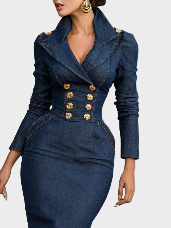 Zoey| Σταυρωτό Δομημένο Denim Μίντι Φόρεμα
