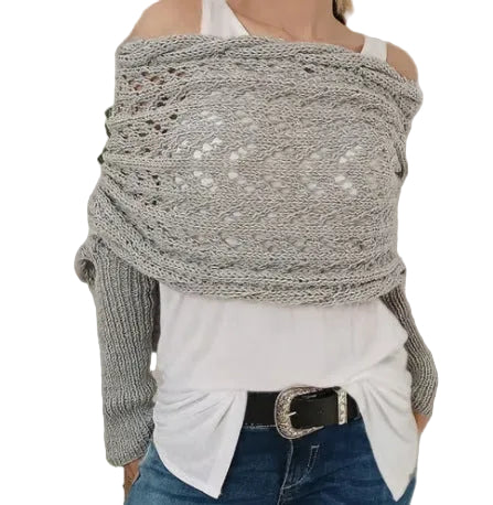 Maribel - Πλεκτή Μπλούζα-Εσάρπα με Διάτρητη Πλέξη και Μακριά Μανίκια (Hollow Knit Shawl Sweater with Extended Sleeves)
