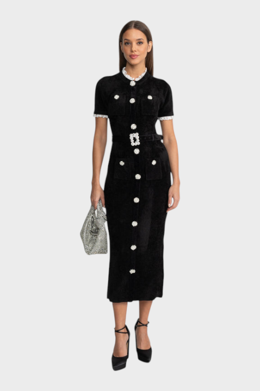 Phenelope | Κομψό Μίντι Φόρεμα με Κρυστάλλινους Κουμπιά και Δαντέλα