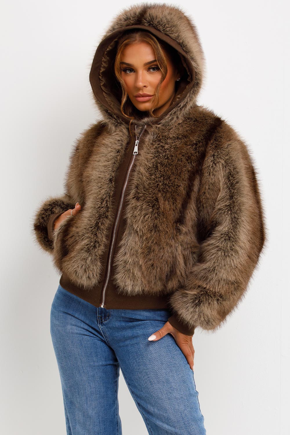 Fur Coat With Hood Brown