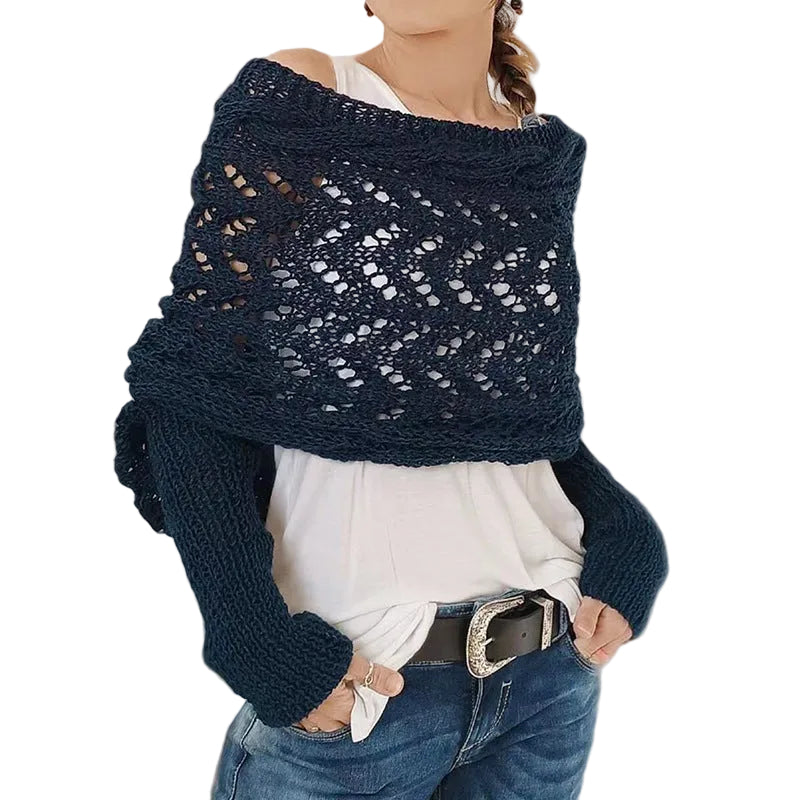 Maribel - Πλεκτή Μπλούζα-Εσάρπα με Διάτρητη Πλέξη και Μακριά Μανίκια (Hollow Knit Shawl Sweater with Extended Sleeves)