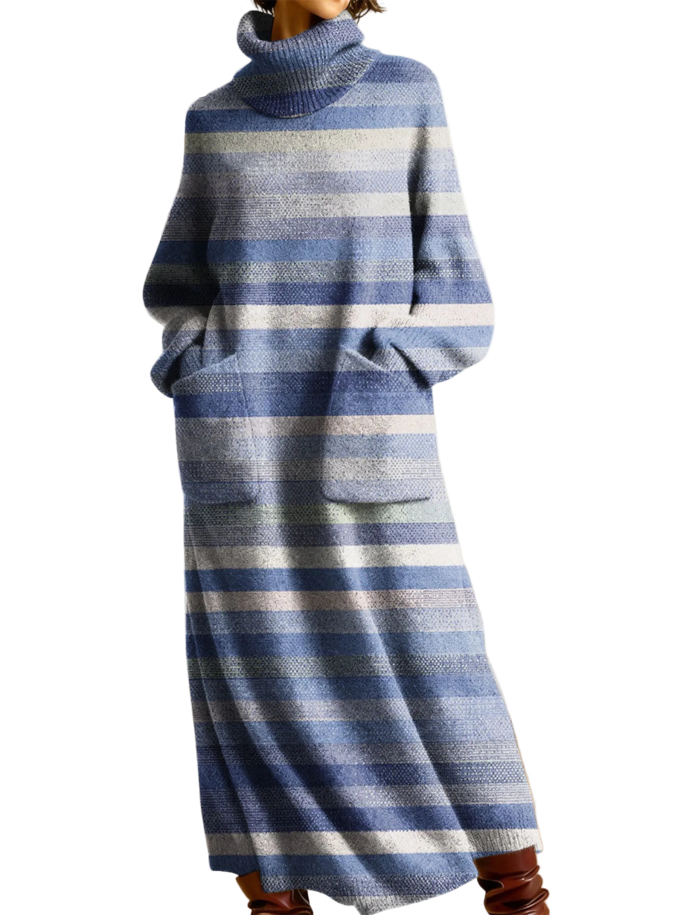 Freya | Γυναικείο Ρετρό Πλεκτό Φόρεμα με Γεωμετρικό Μοτίβο Patchwork, Ψηλή Λαιμόκοψη, Μακρύ Μανίκι και Χαλαρή Γραμμή (Women's Retro Geometric Patchwork High-neck Long-sleeve Casual Loose Knit Dress)