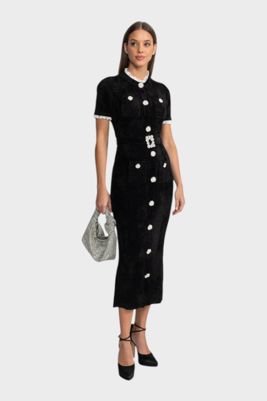 Phenelope | Κομψό Μίντι Φόρεμα με Κρυστάλλινους Κουμπιά και Δαντέλα