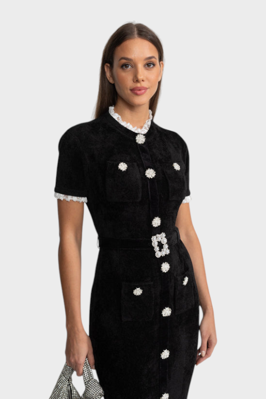 Phenelope | Κομψό Μίντι Φόρεμα με Κρυστάλλινους Κουμπιά και Δαντέλα