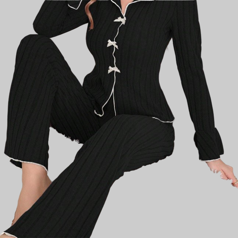 Γυναικεία Σετ Πιτζάμες με Ριπ Πλέξη, Γιακά με Πέτο & Φιόγκους